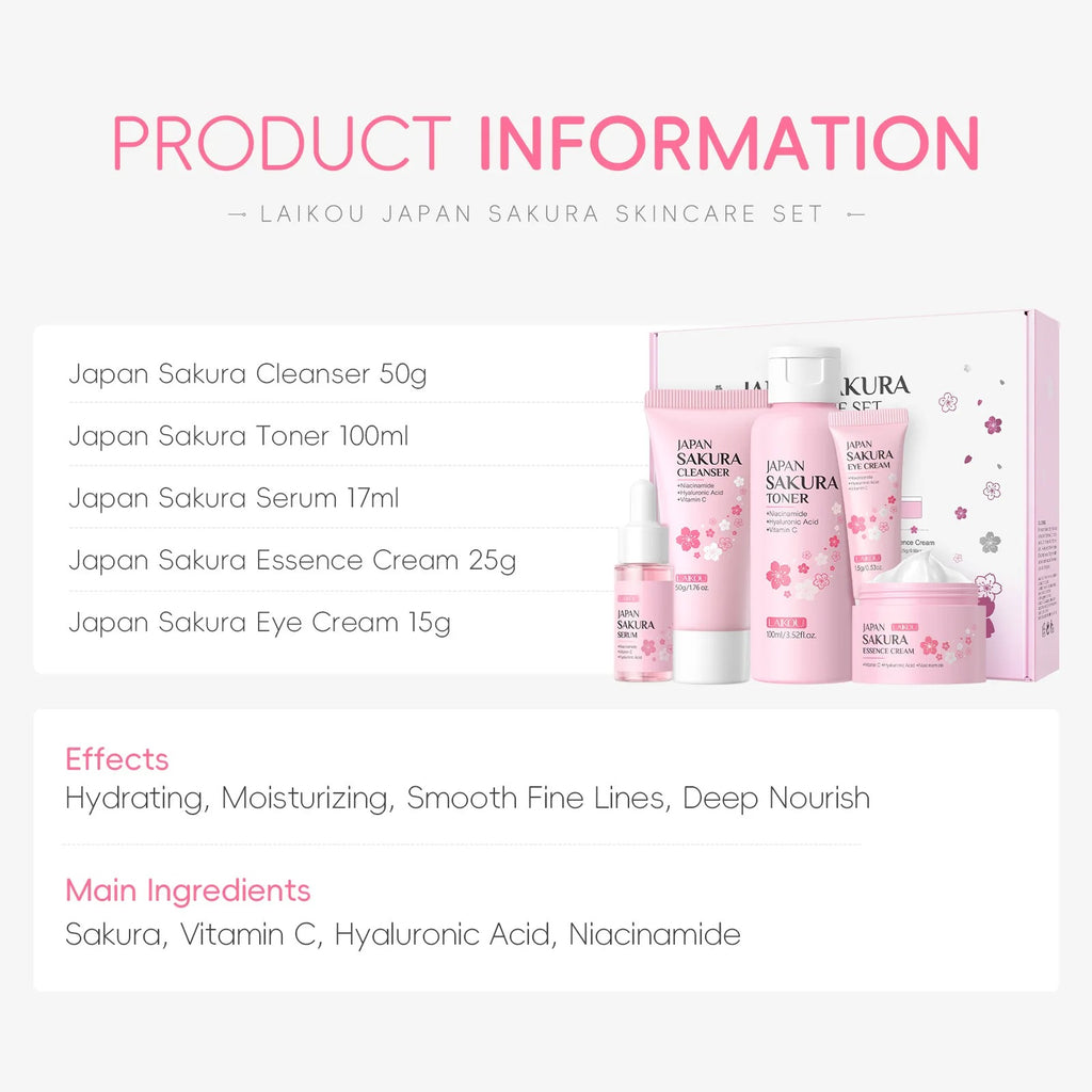 Laikou Japan Sakura skincare set with products and packaging on a white background
