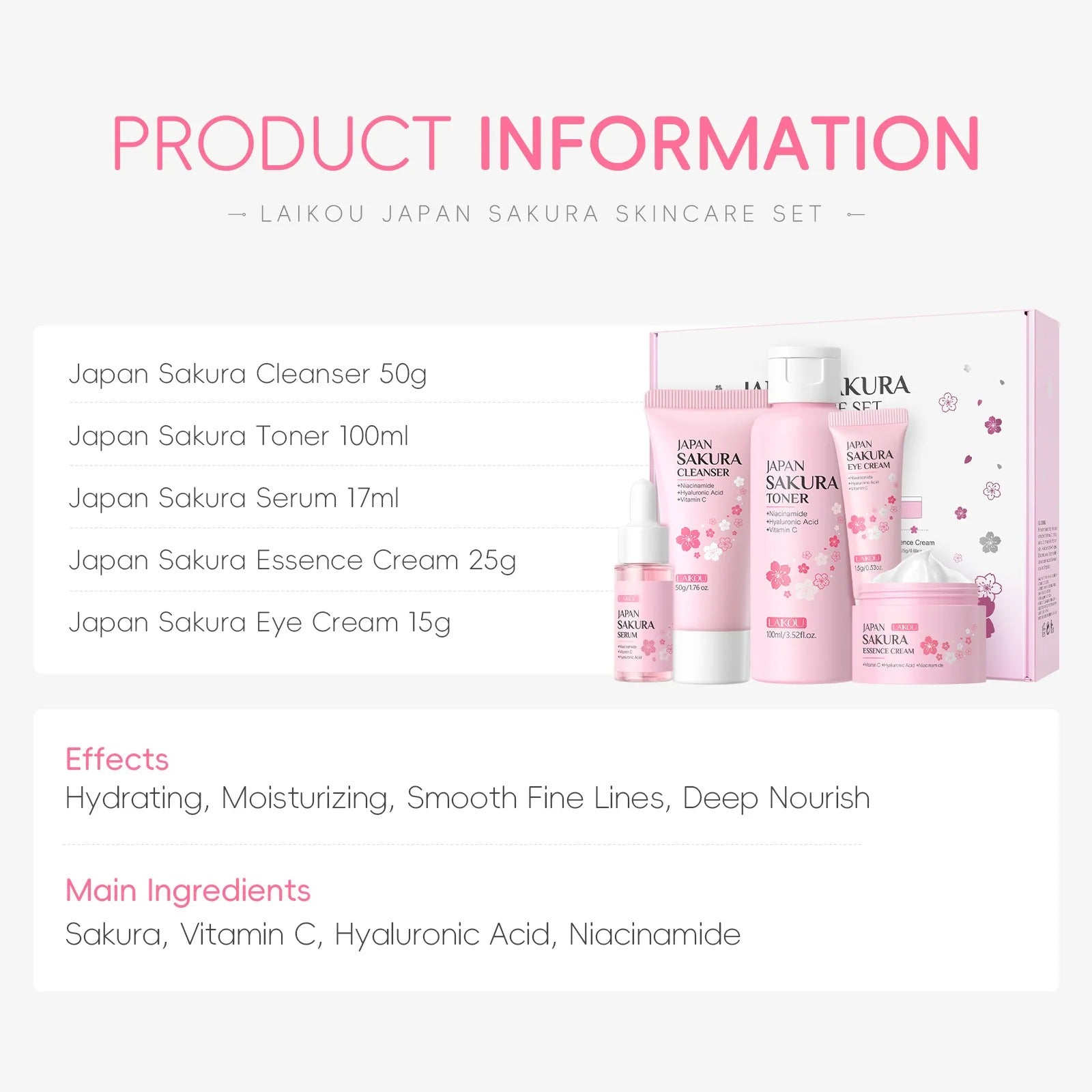 Laikou Japan Sakura skincare set with products and packaging on a white background
