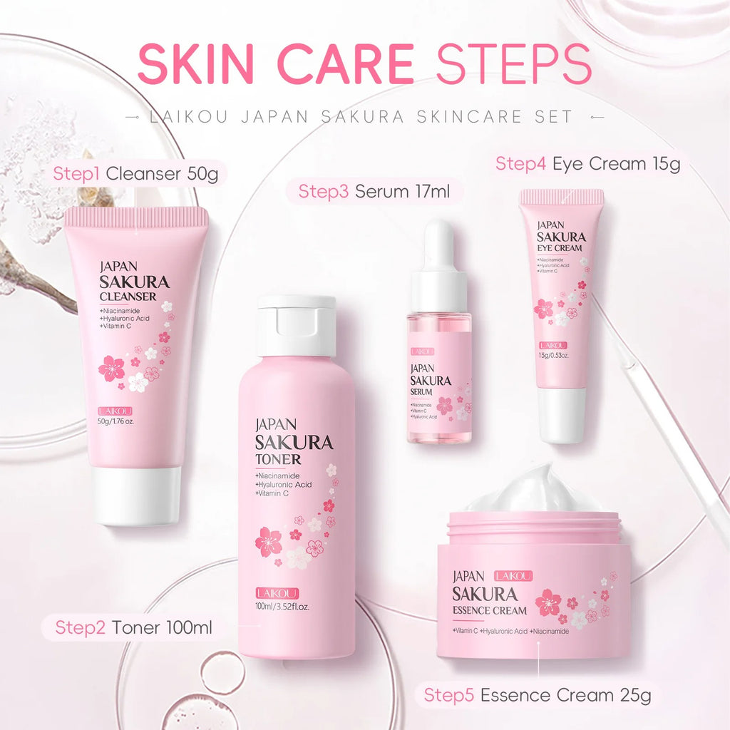Set of Japanese skincare products with step-by-step instructions on a light pink background