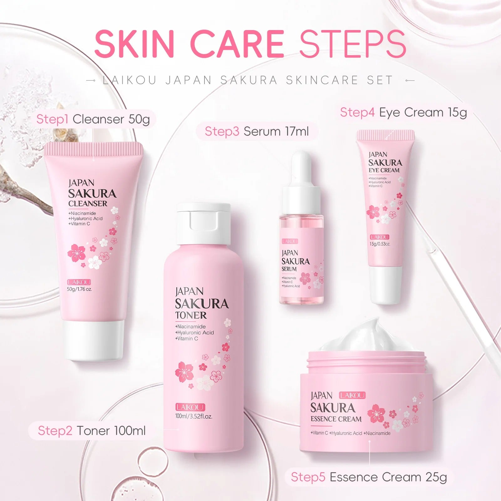 Set of Japanese skincare products with step-by-step instructions on a light pink background